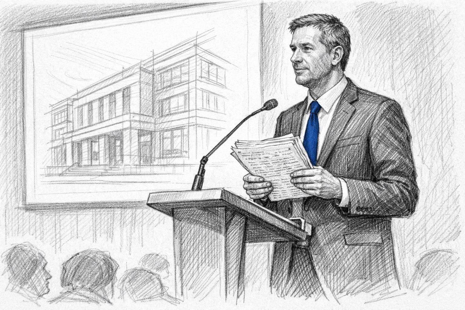 Speaker at a lectern with detailed notes for an IDCEC accredited continuing education course.