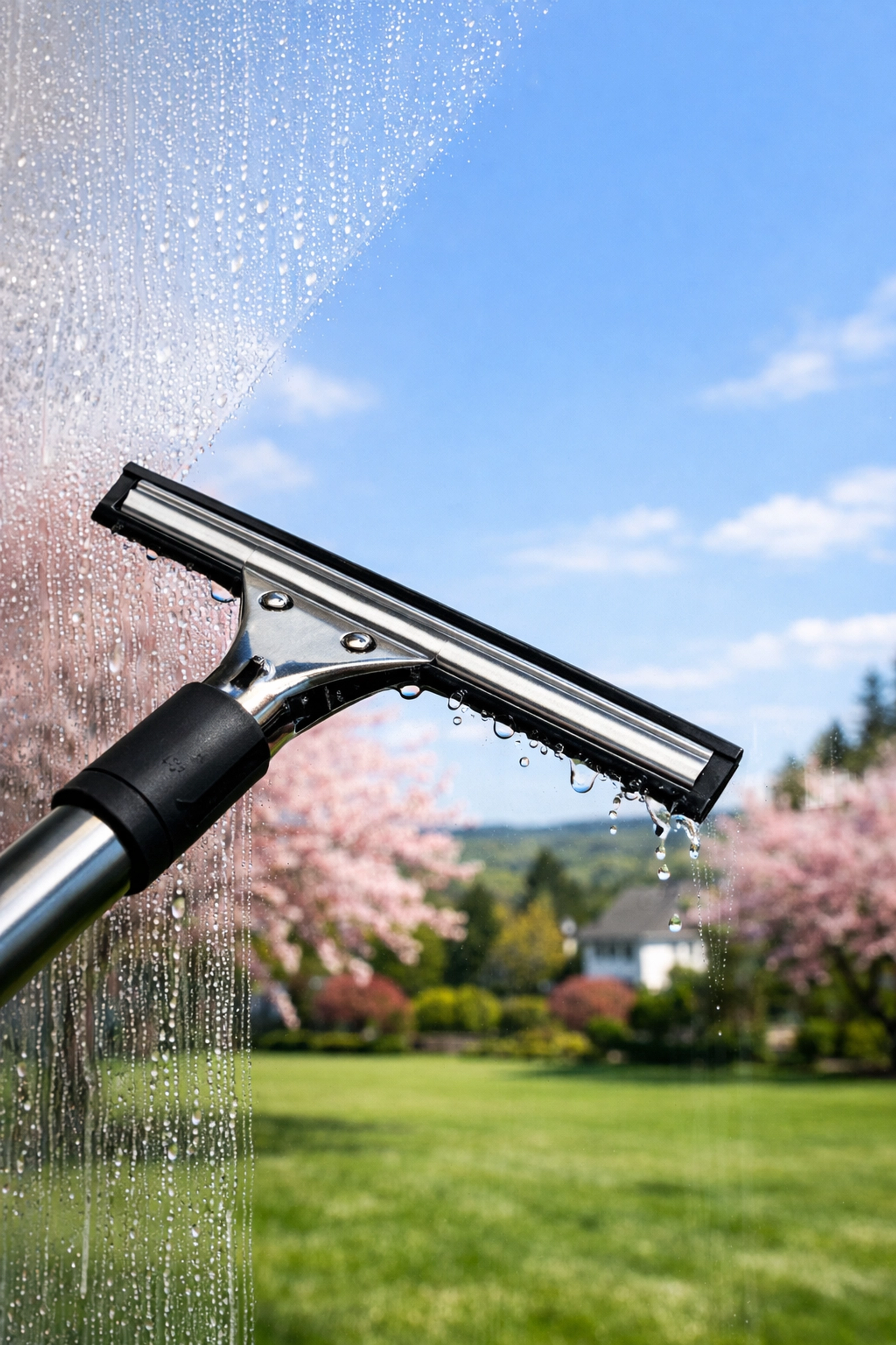 Professional window cleaning in Westchester NY providing a streak-free view of a spring landscape.
