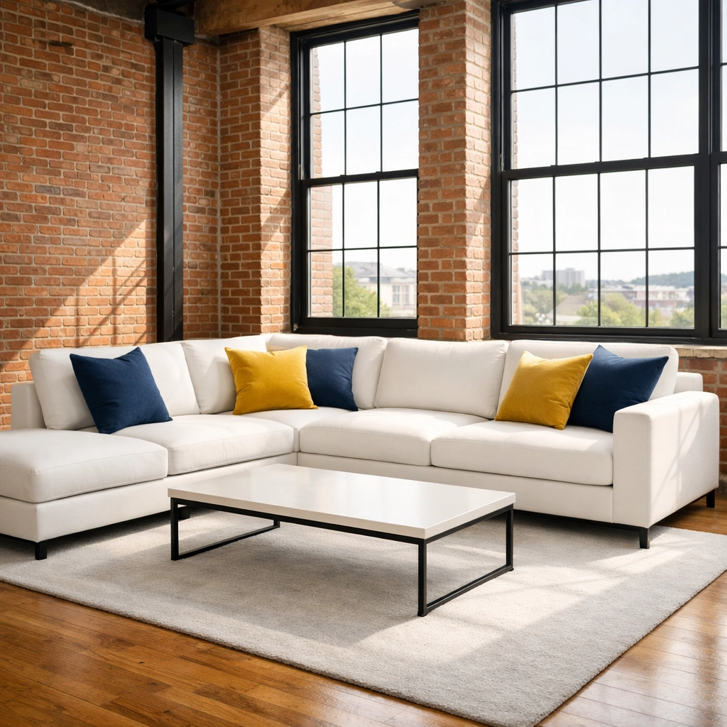Modern Lowell loft apartment living room professionally cleaned by house cleaning Lowell MA experts.