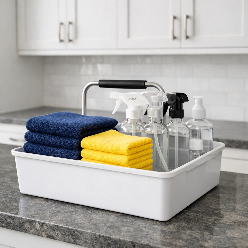 Professional cleaners' organized supplies and equipment in a modern Marblehead home laundry room.