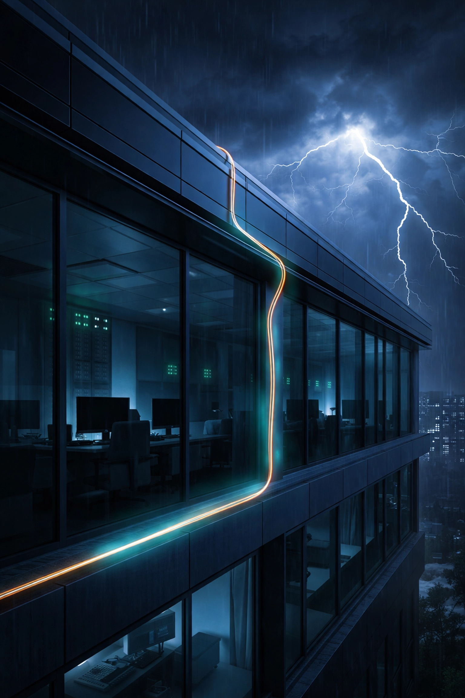 Modern office building with glowing emergency systems active during a storm, highlighting analog phone line reliability