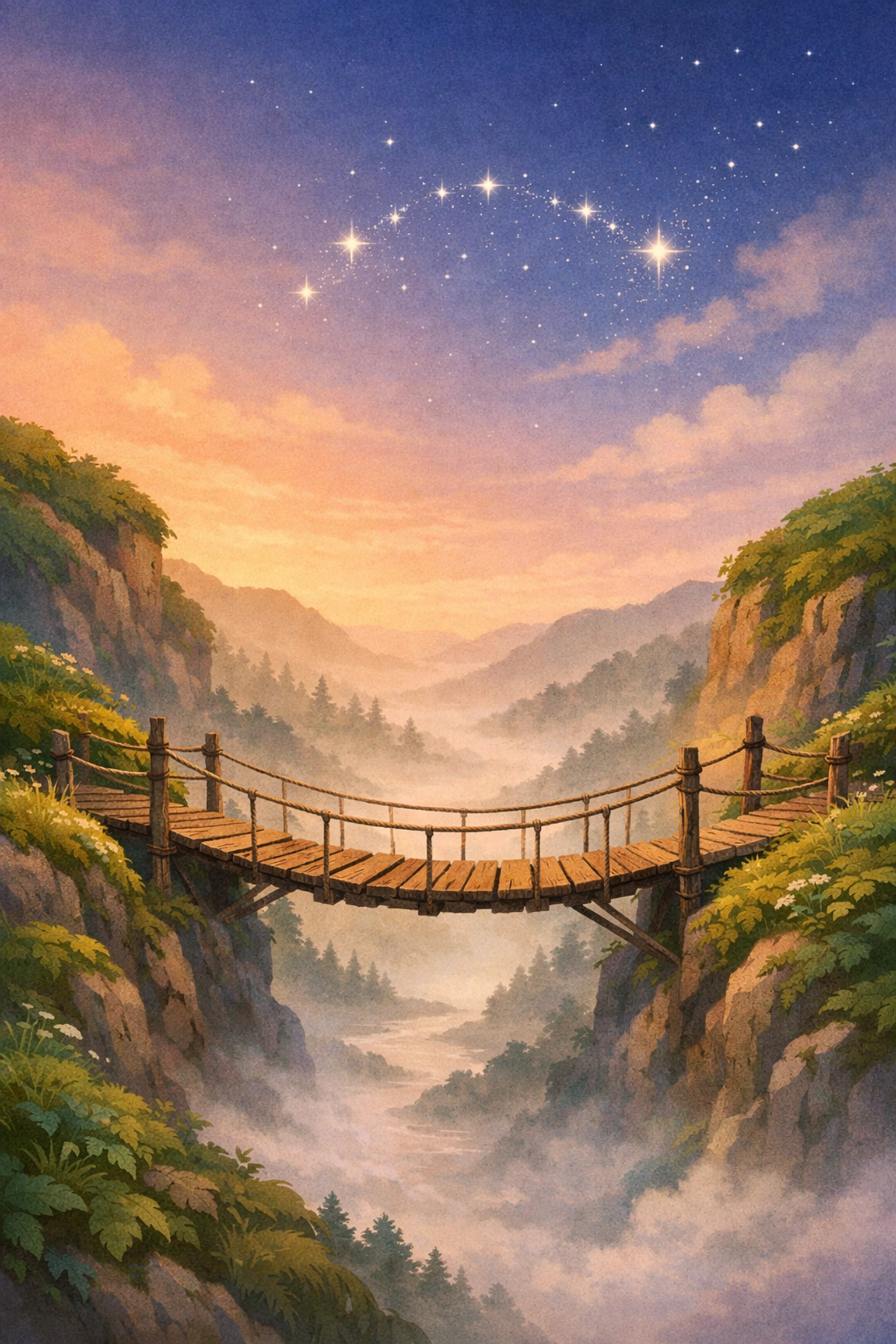 A bridge crossing a mist-filled valley, symbolizing the path from vulnerability to wisdom through psychotherapy.