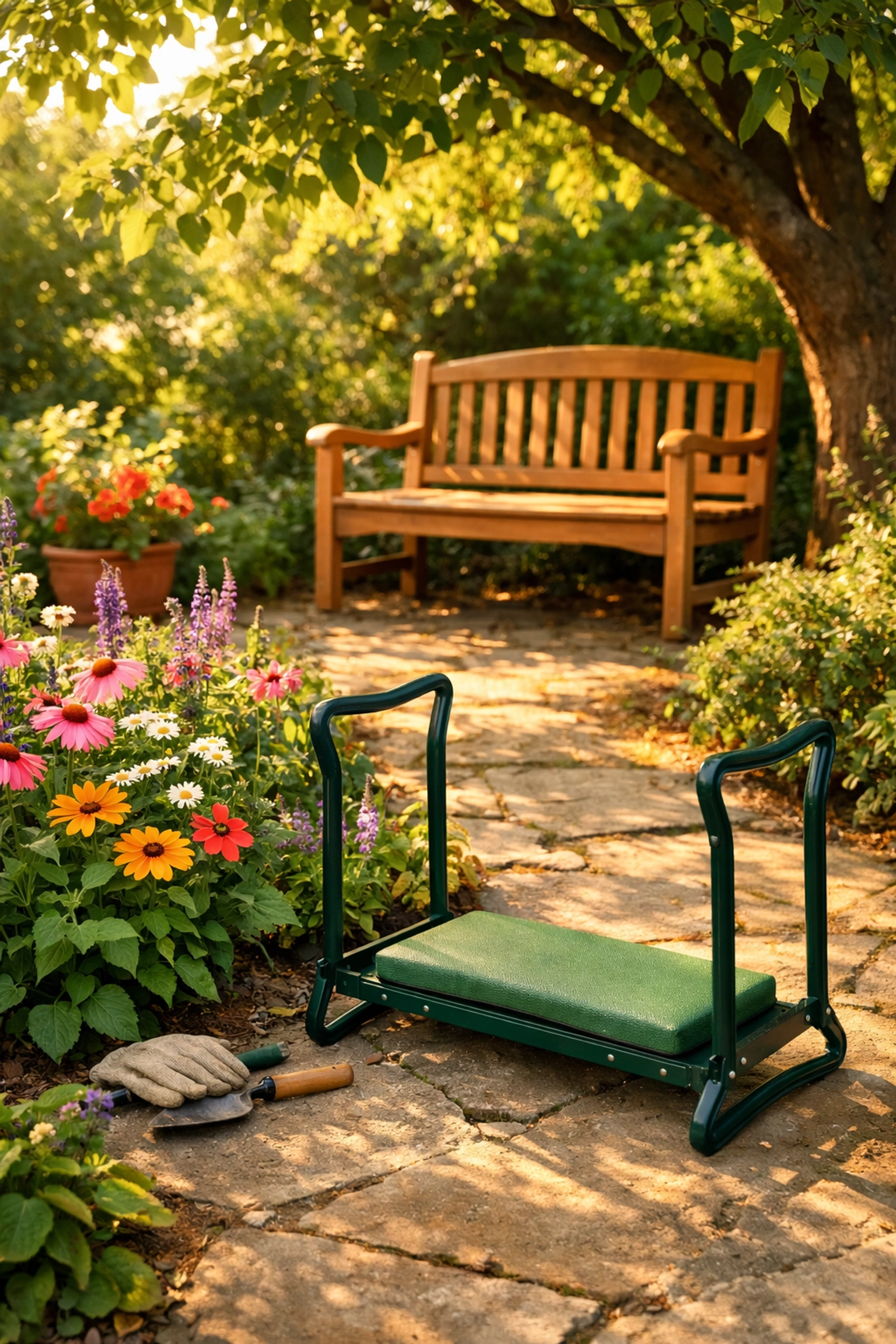 Ergonomic garden kneeler with handles and a bench for safe outdoor rest breaks.