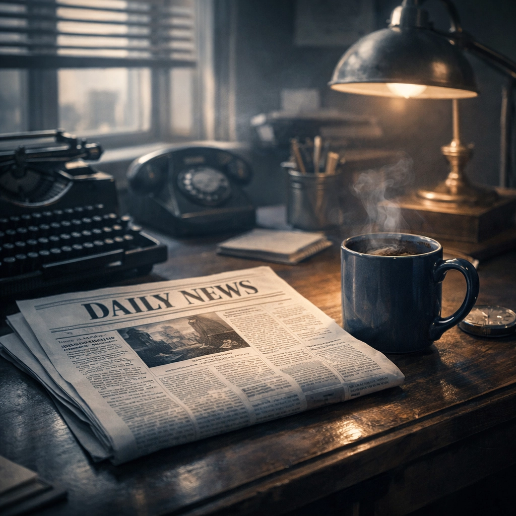 Peaceful newsroom desk with newspaper and coffee representing calm Christian news consumption