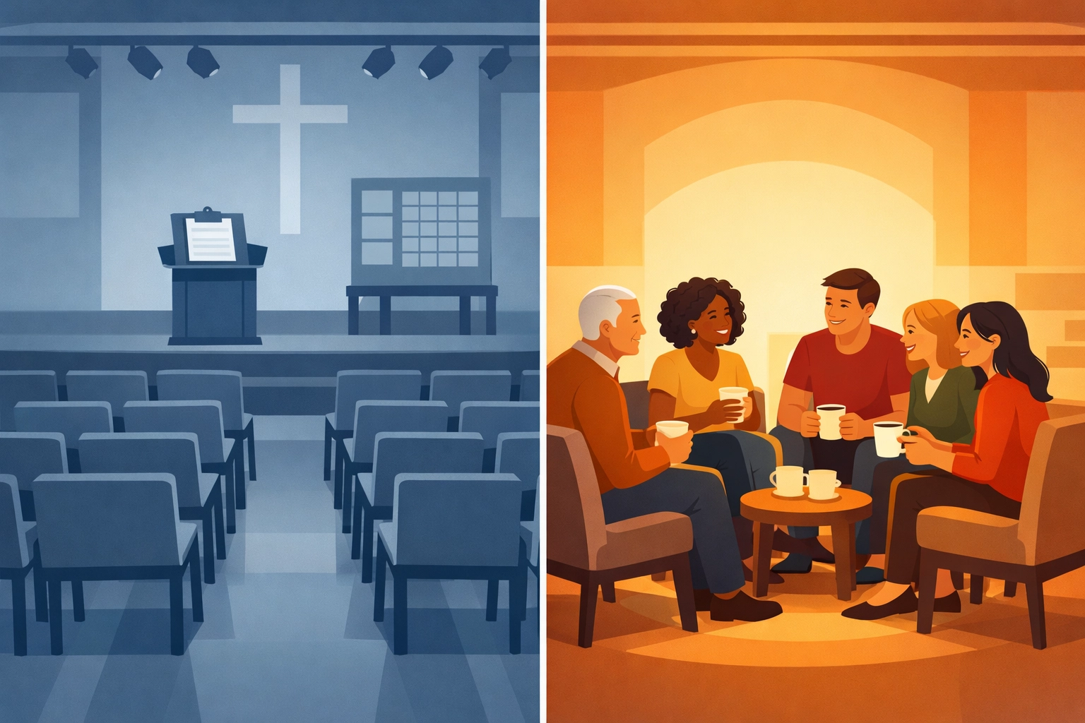 Church leadership contrast: empty program-focused rows versus people engaged in community conversation