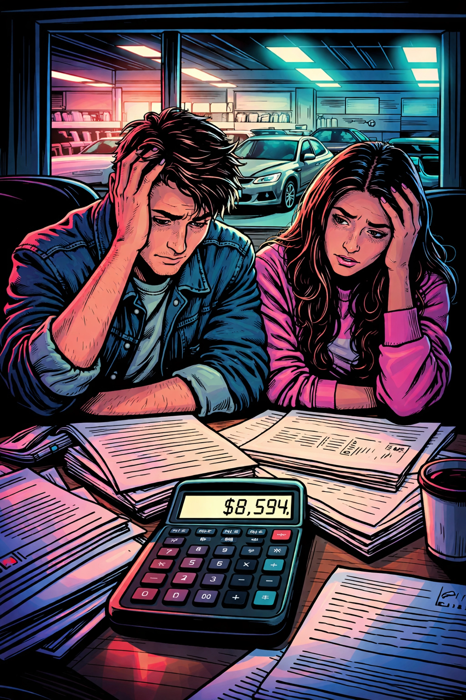 Frustrated couple reviewing paperwork at a buy here pay here car dealership in Arnold Missouri