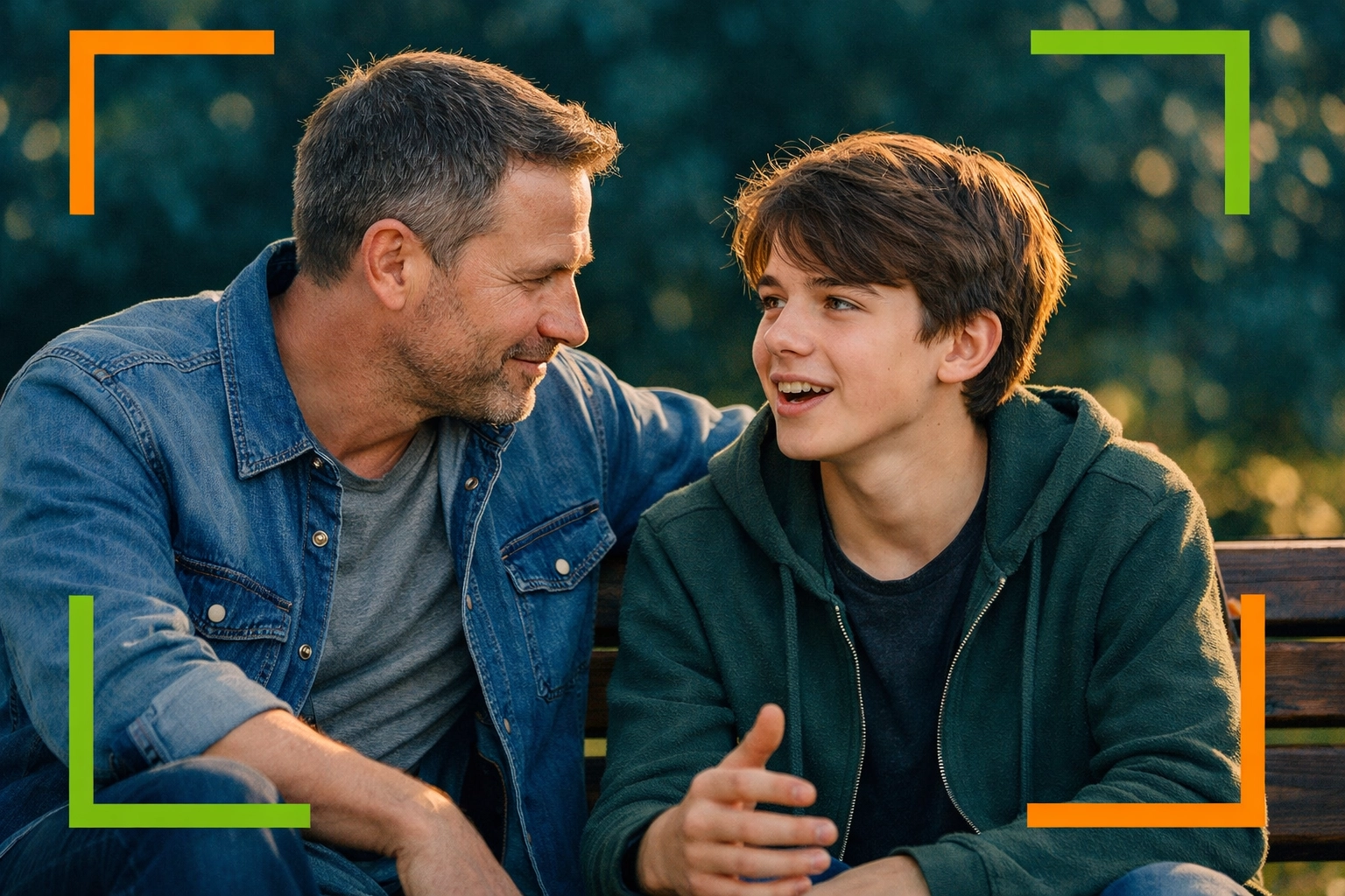 A father listening to his teen son, building trust and better parent-teen communication in a park.