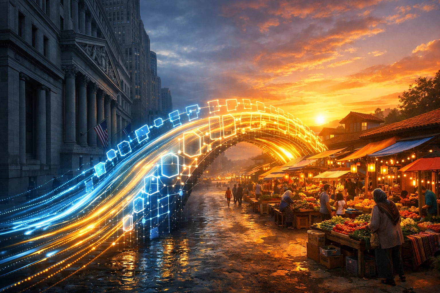 Blockchain bridge connecting traditional financial systems to community-driven humanitarian payment networks