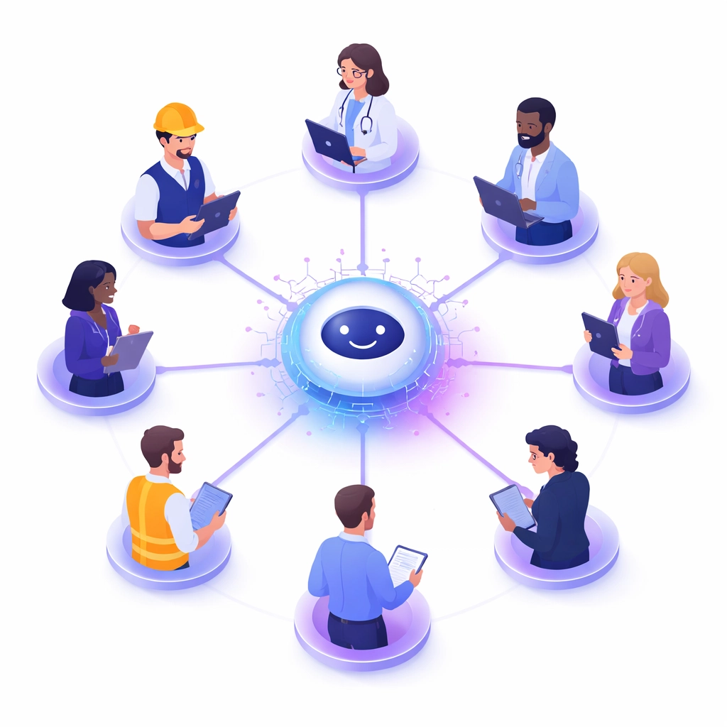 Diverse enterprise roles connected around a central AI hub, illustrating teamwork in AI Gov Ops