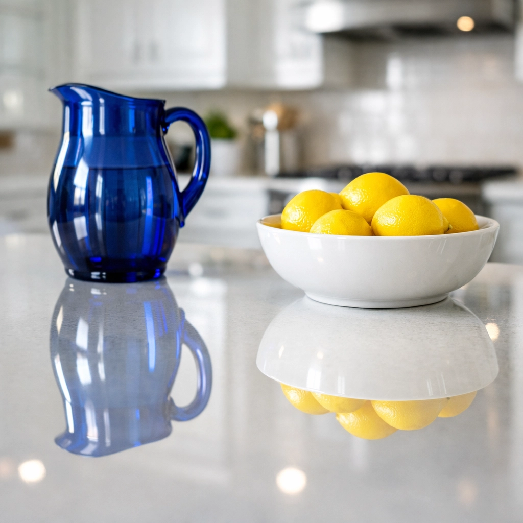 Gleaming quartz kitchen countertop demonstrating high-end Nashua house cleaning and sanitization.