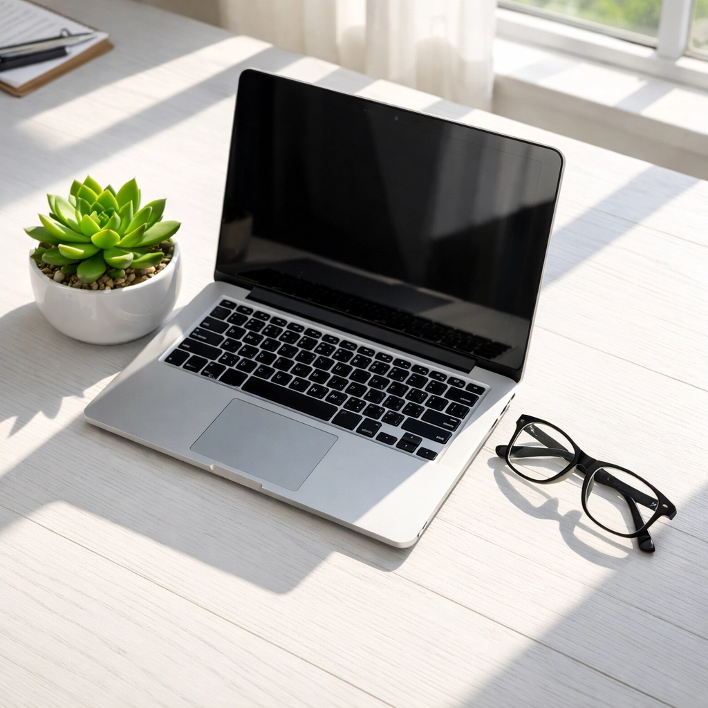 Modern professional workspace with a laptop and plant representing clear local business communication.