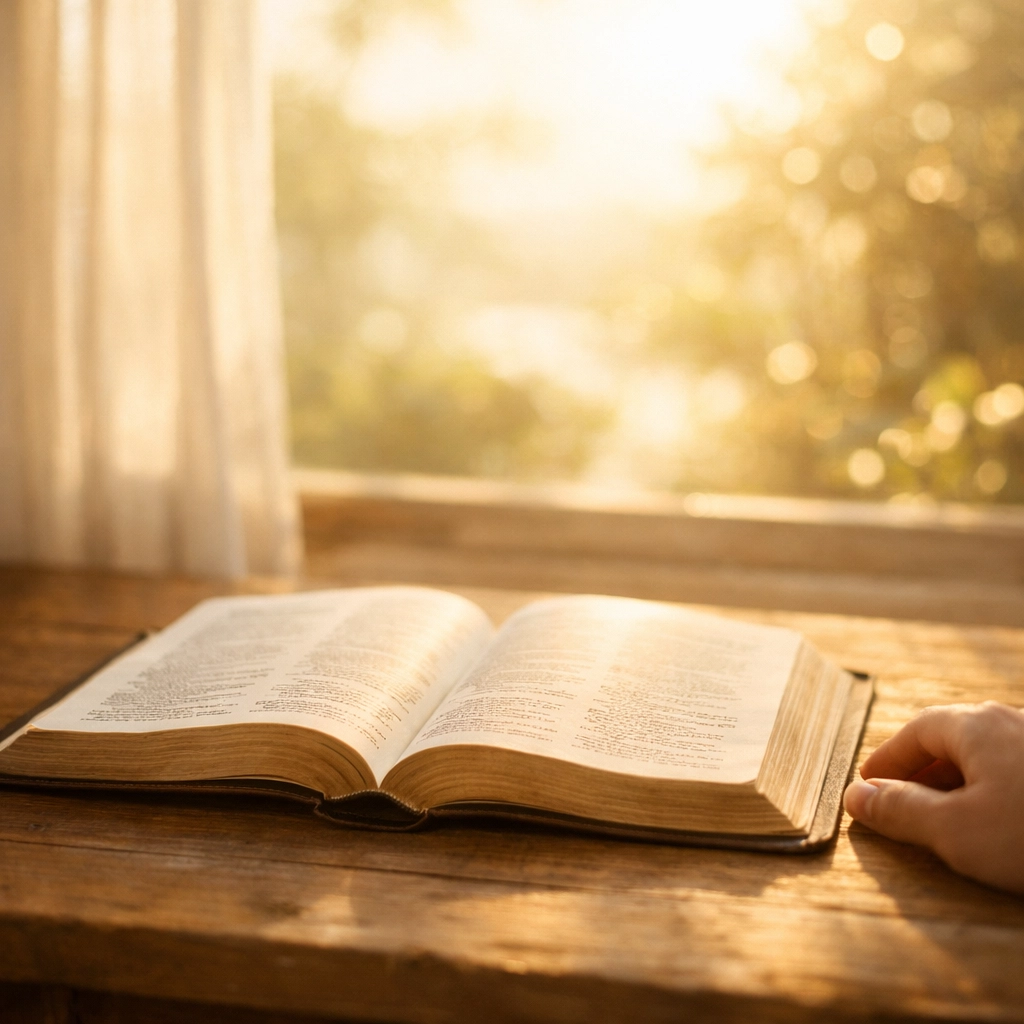 Open Bible on wooden table with morning light streaming through window offering peace from anxiety