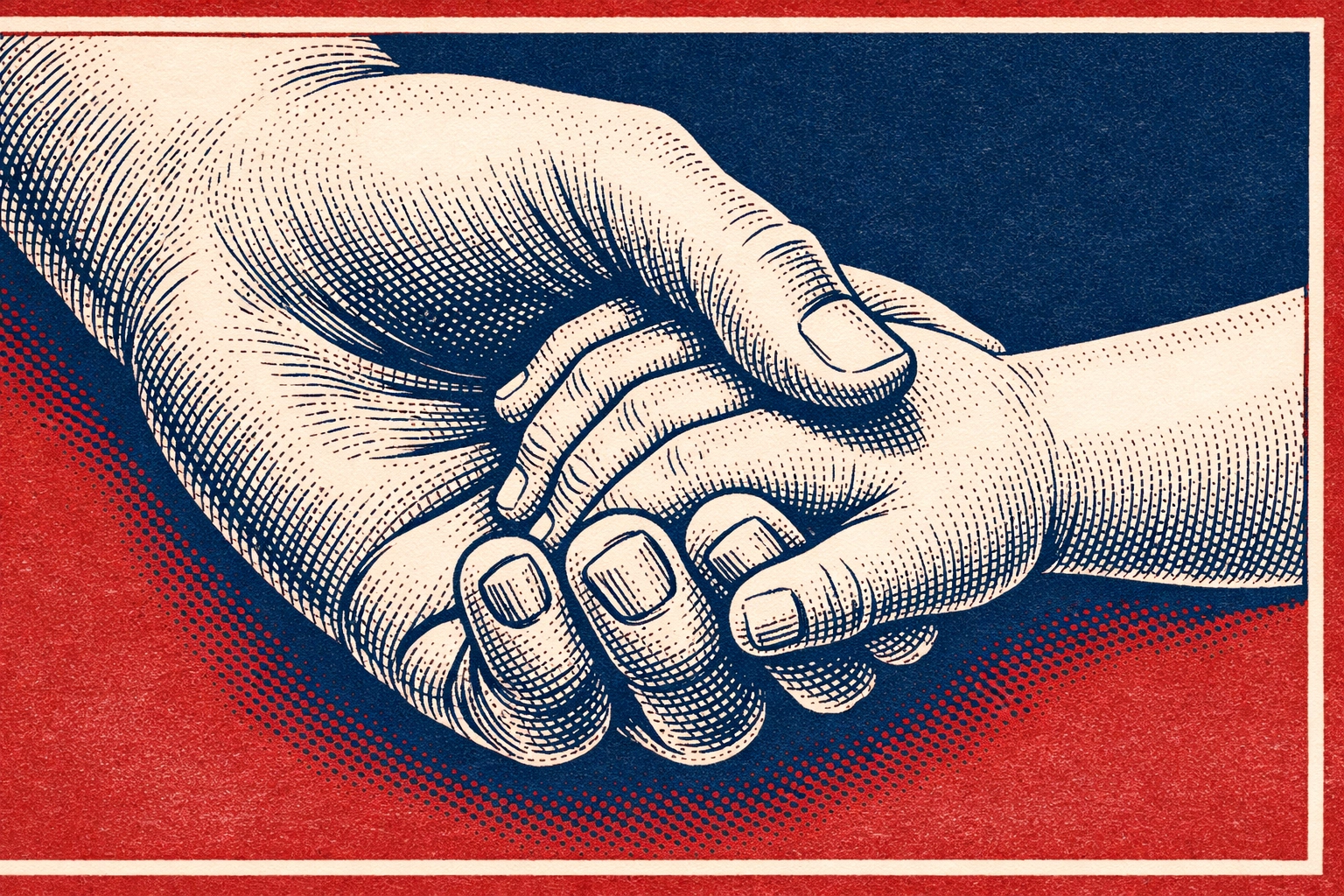 Etched ink drawing of an adult holding a child's hand representing hope for every foster home.