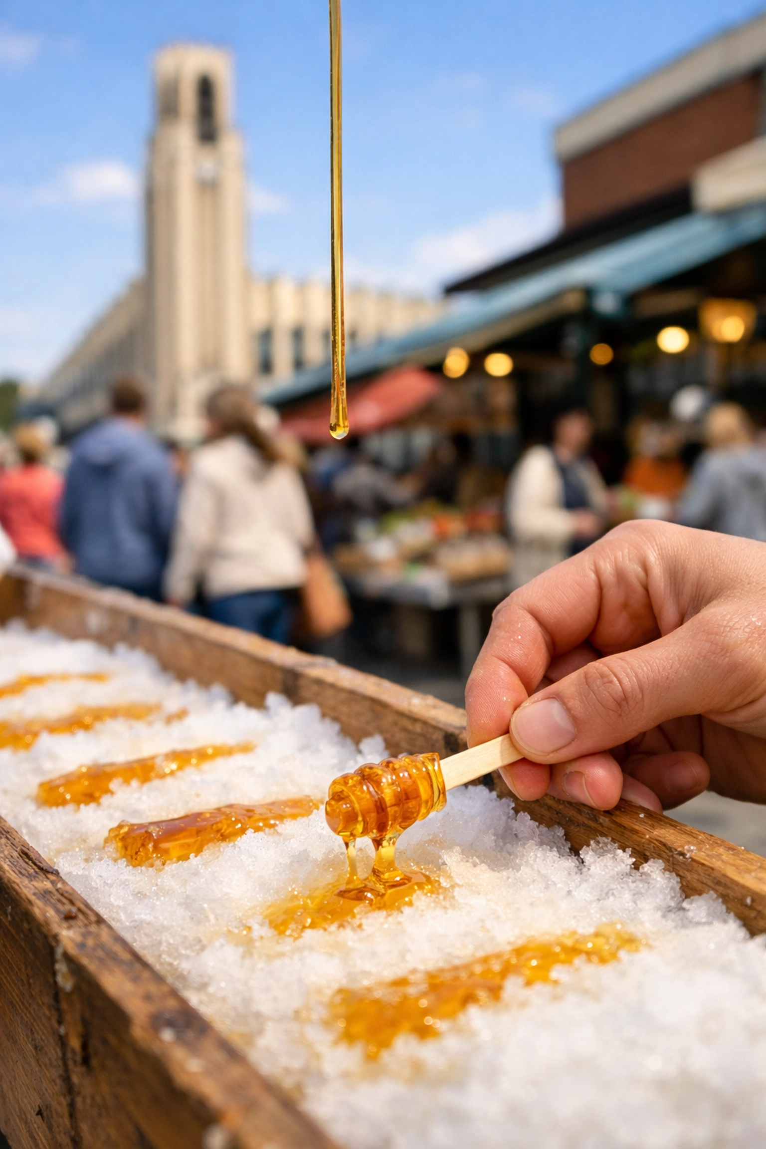 Traditional maple taffy on snow at Montreal's Atwater Market during spring events.