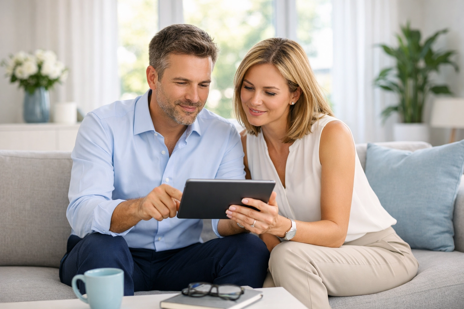 Woking homeowners reviewing mortgage rate changes on a tablet to prepare for remortgaging.