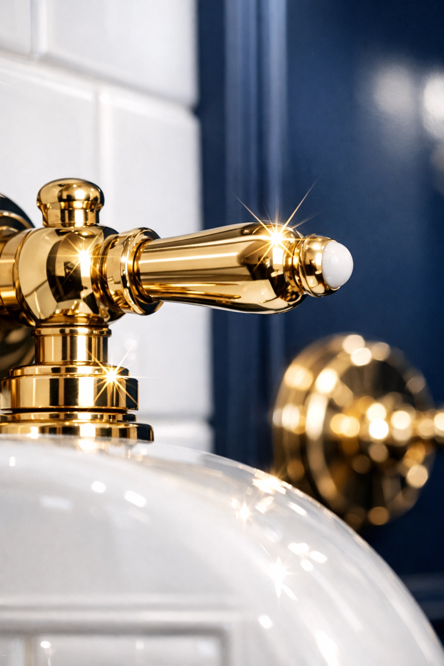 Close-up of sparkling brass fixtures and white tiles from detail-oriented luxury house cleaning in Winchester.