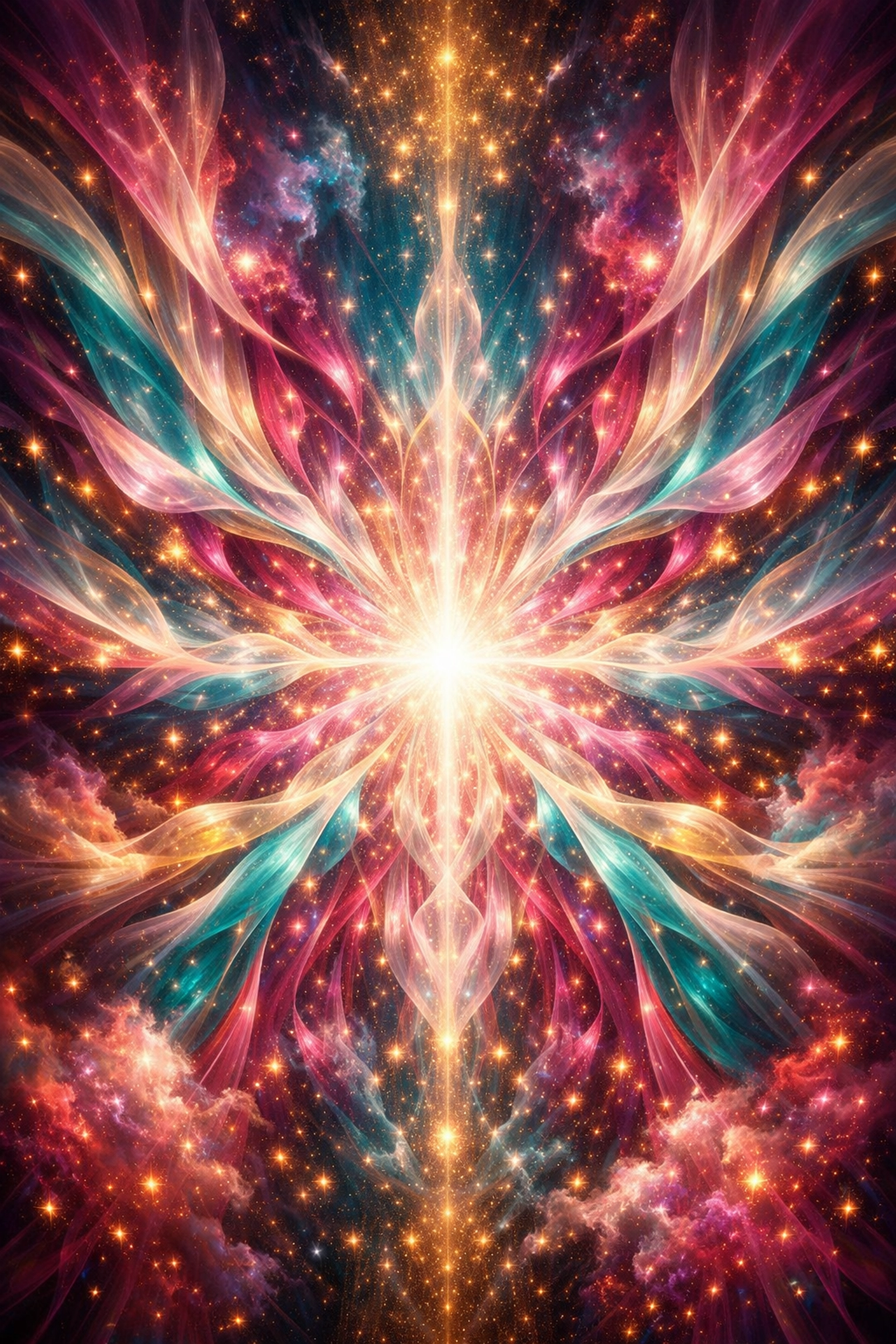 Vibrant cosmic burst of light representing the integration of mind and body through nervous system regulation.