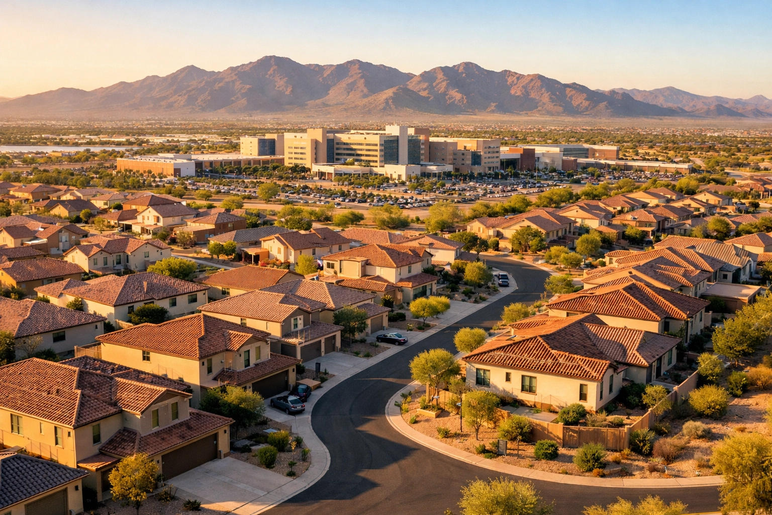 Aerial view of Goodyear neighborhood homes near medical campus in West Valley Arizona
