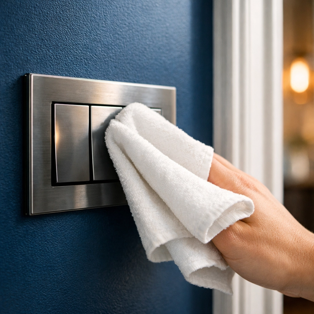 Sanitizing a light switch during a house cleaning service in Maynard to remove germs.