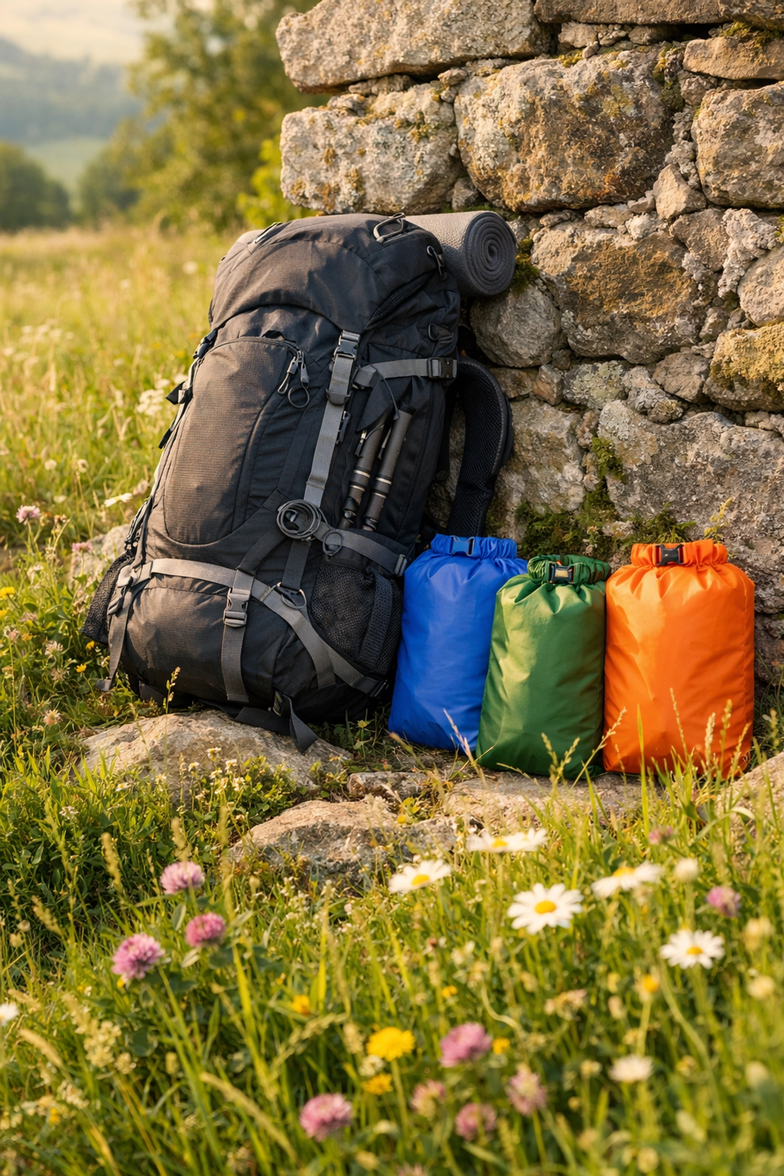 A well-packed trekking rucksack and dry bags prepared for an organized wild camping guided UK trip.
