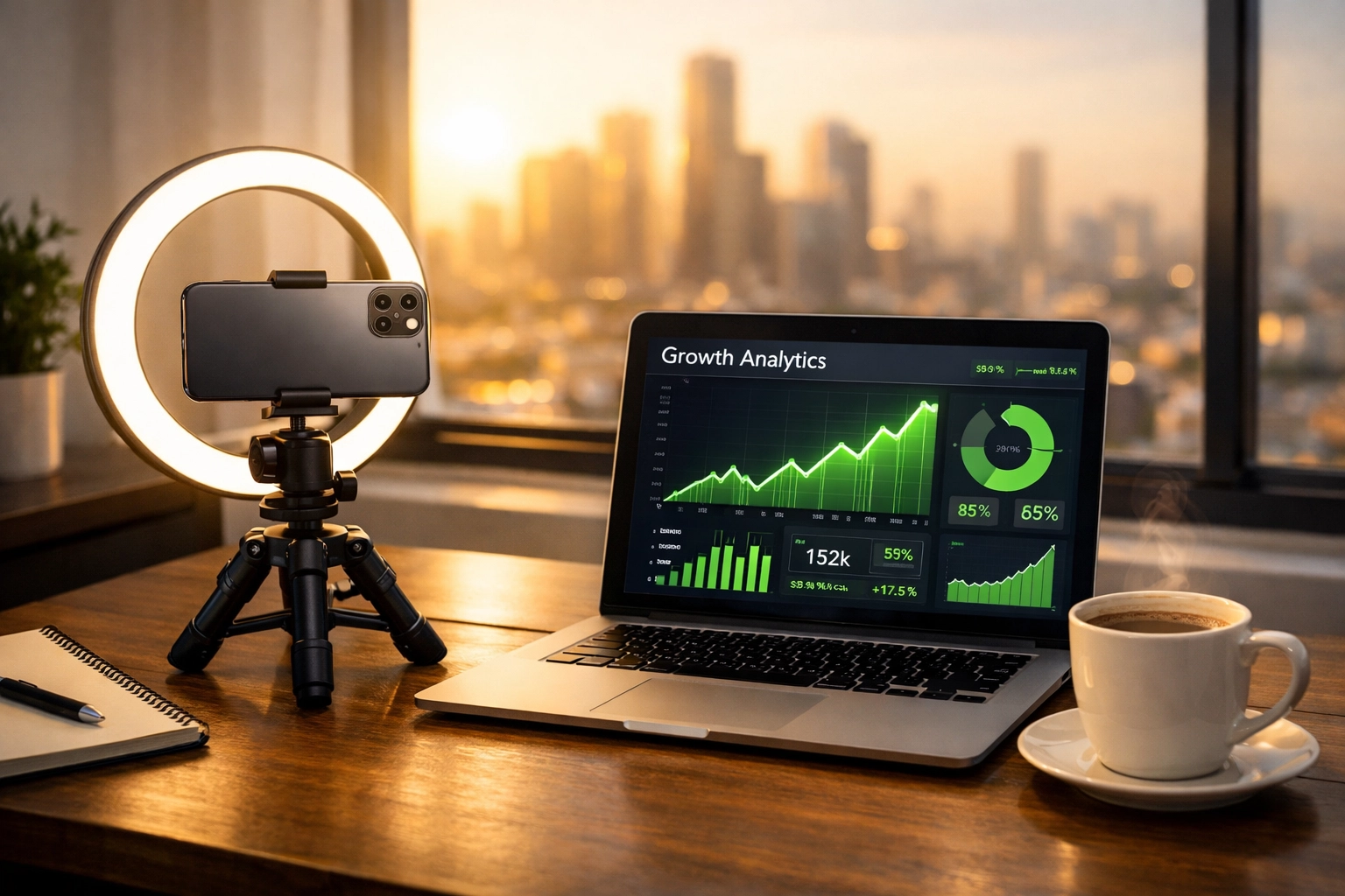 Minimalist home office setup with smartphone and laptop for starting a 2026 side hustle with no investment.