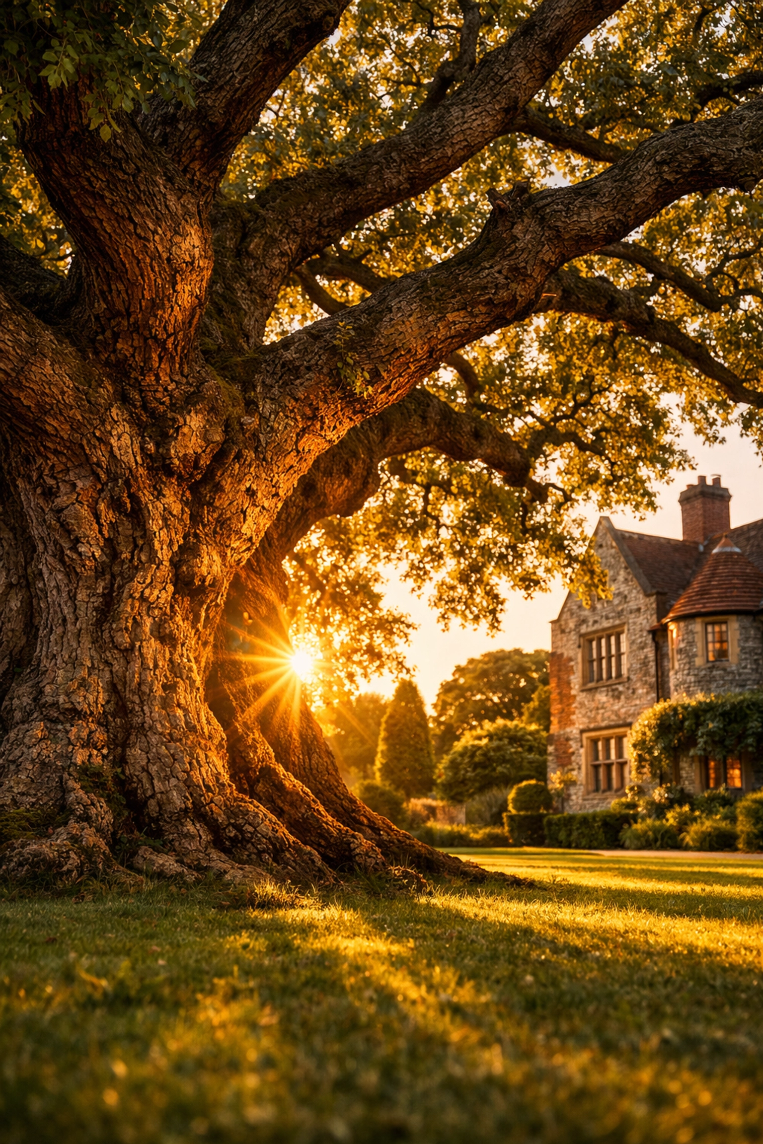 A protected ancient oak tree in an Arundel garden near a historic home with traditional flint-work.