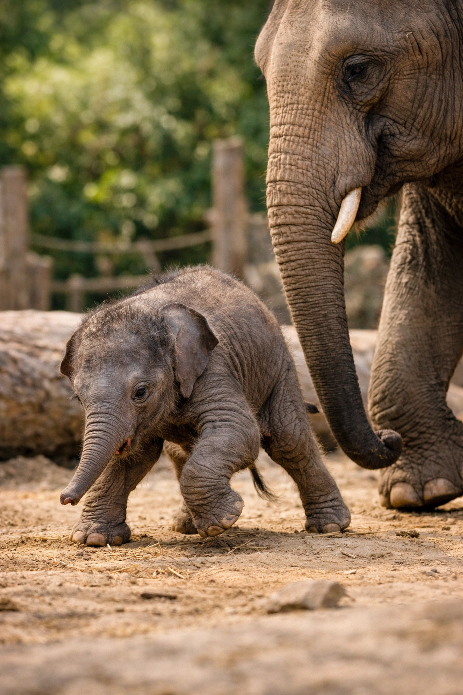 Baby elephant taking first steps with mother nearby - zoo milestone photography example