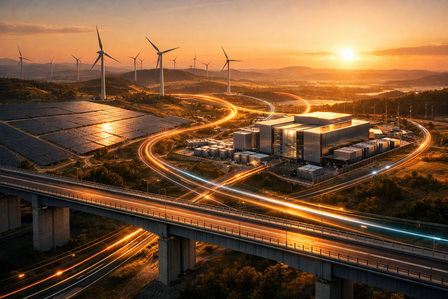 Modern infrastructure assets including wind turbines, solar farms, and data centers for institutional investors