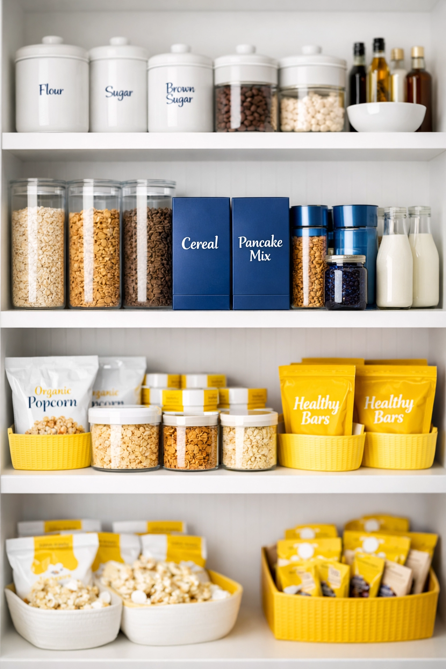A perfectly organized pantry with white shelves and categorized food storage zones.