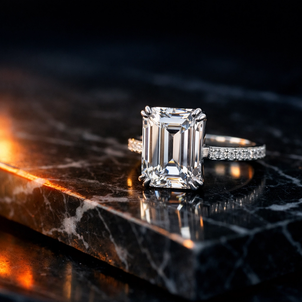 Luxury diamond engagement ring on marble, demonstrating high-value jewelry needing specialized insurance coverage.