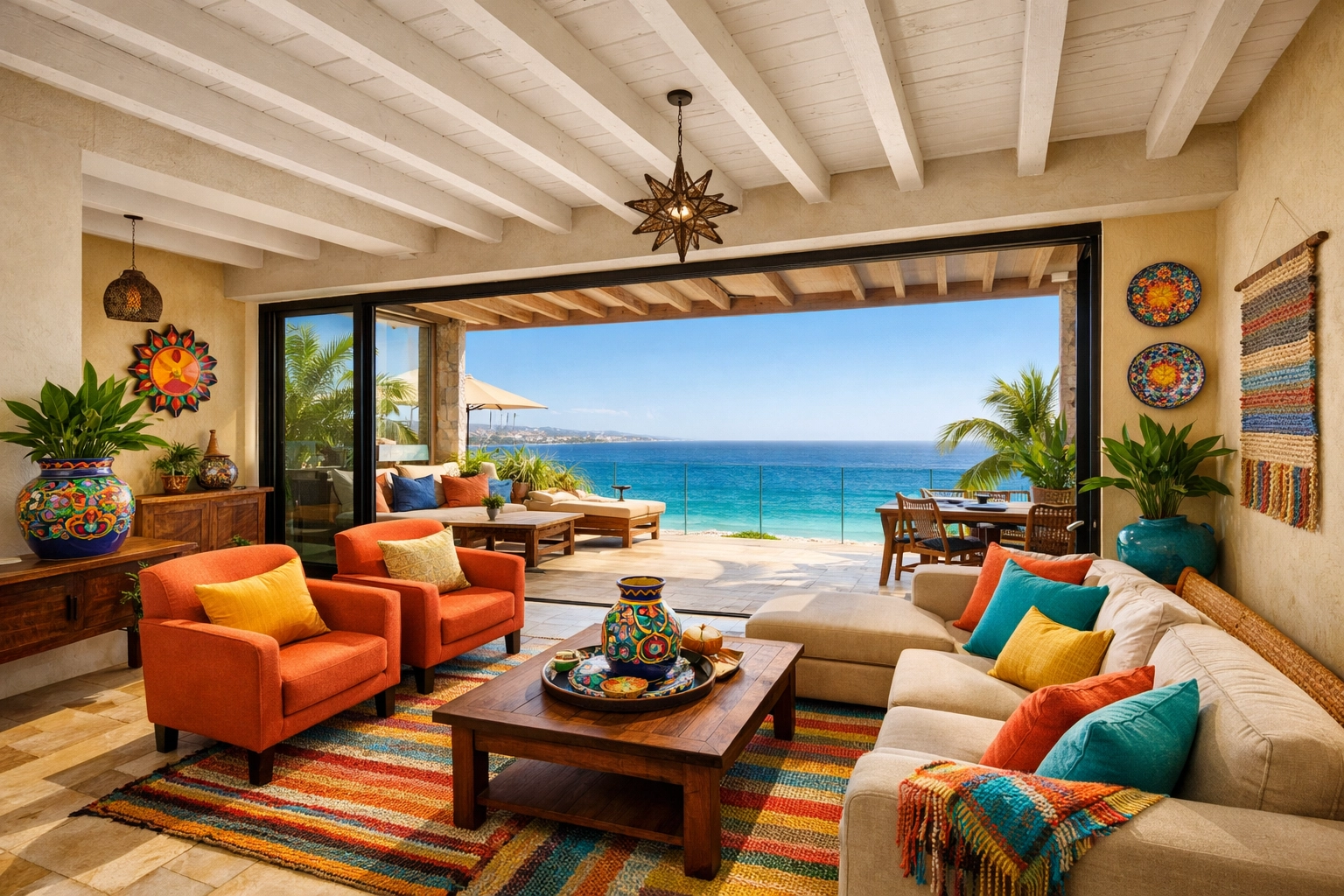 Contemporary Mexican vacation condo interior with ocean view windows in Puerto Vallarta