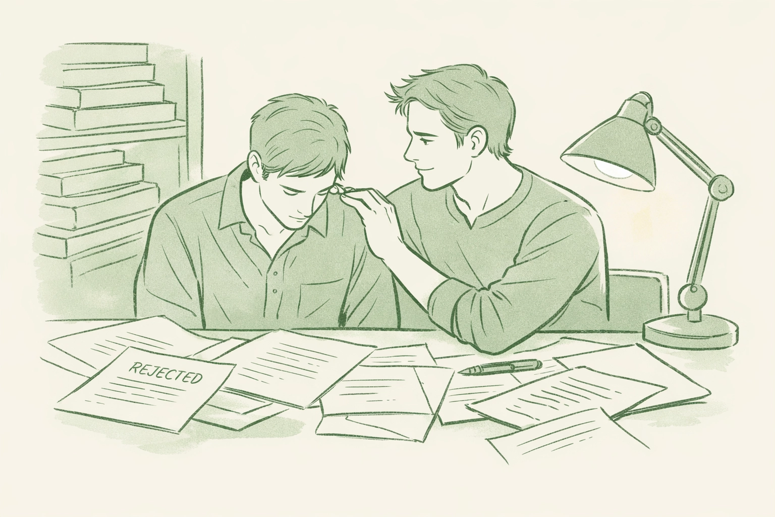 Two MM romance authors supporting each other at desk with manuscripts showing writing resilience