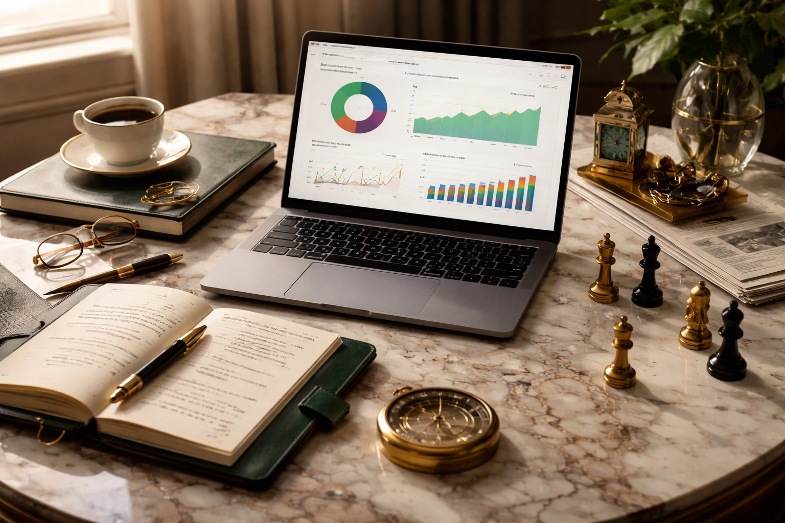 An investor’s desk with charts, notebook, compass, and chess pieces, highlighting strategic planning for 40/30/30 portfolio implementation.