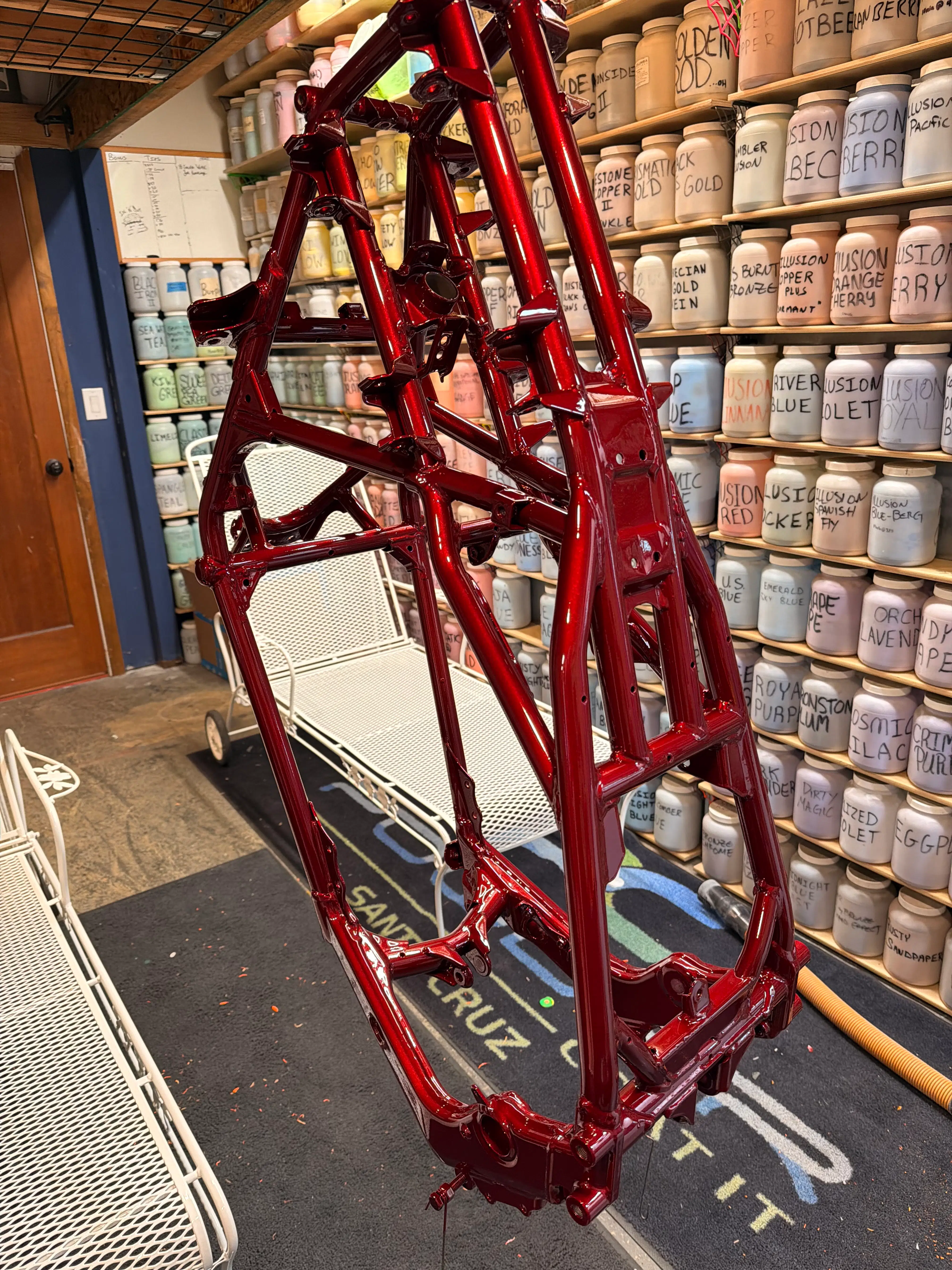 Deep Scarlet Red powder coated motorcycle frame
