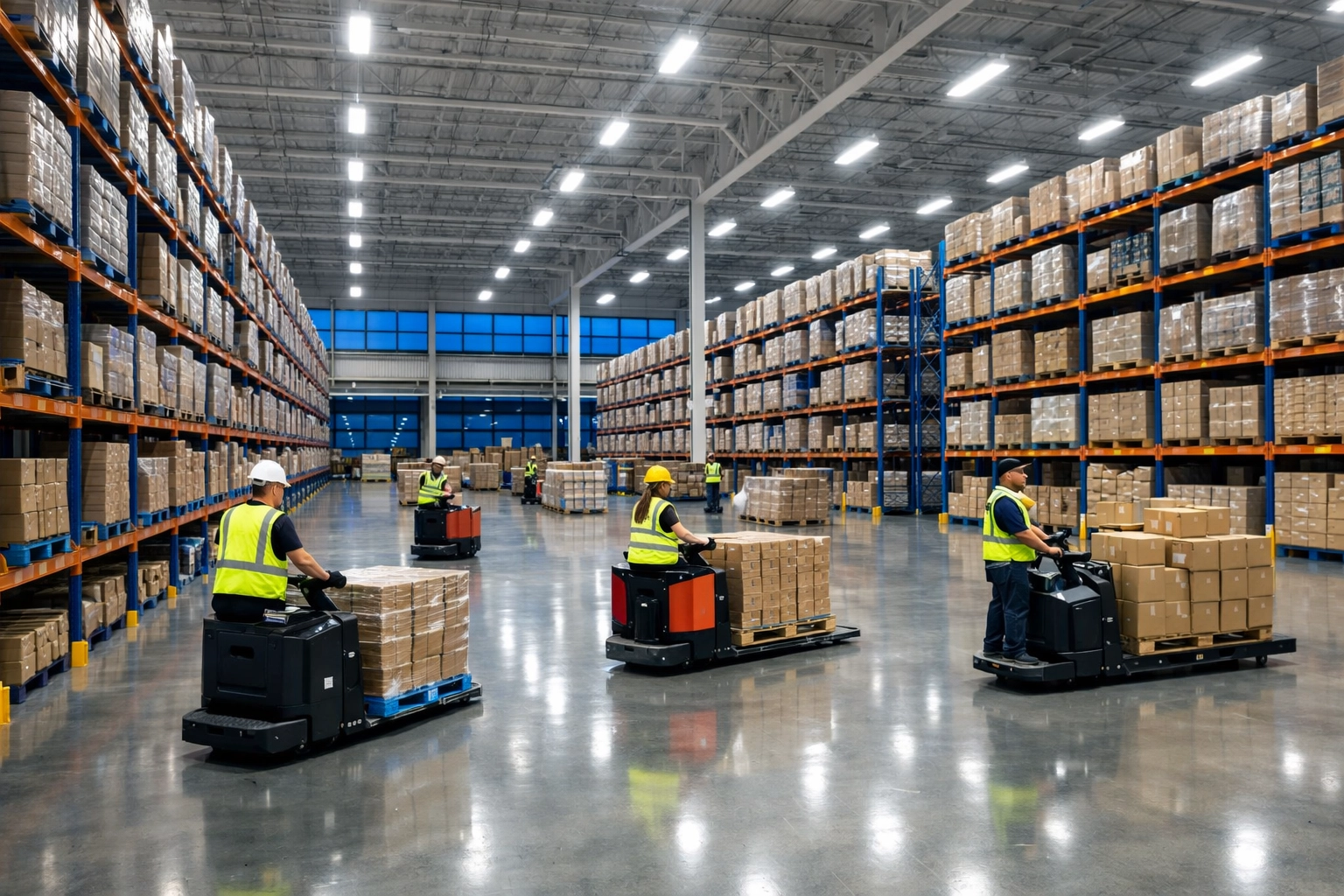 Modern fulfillment center evening shift with high-density racking and professional ecommerce fulfillment solutions.