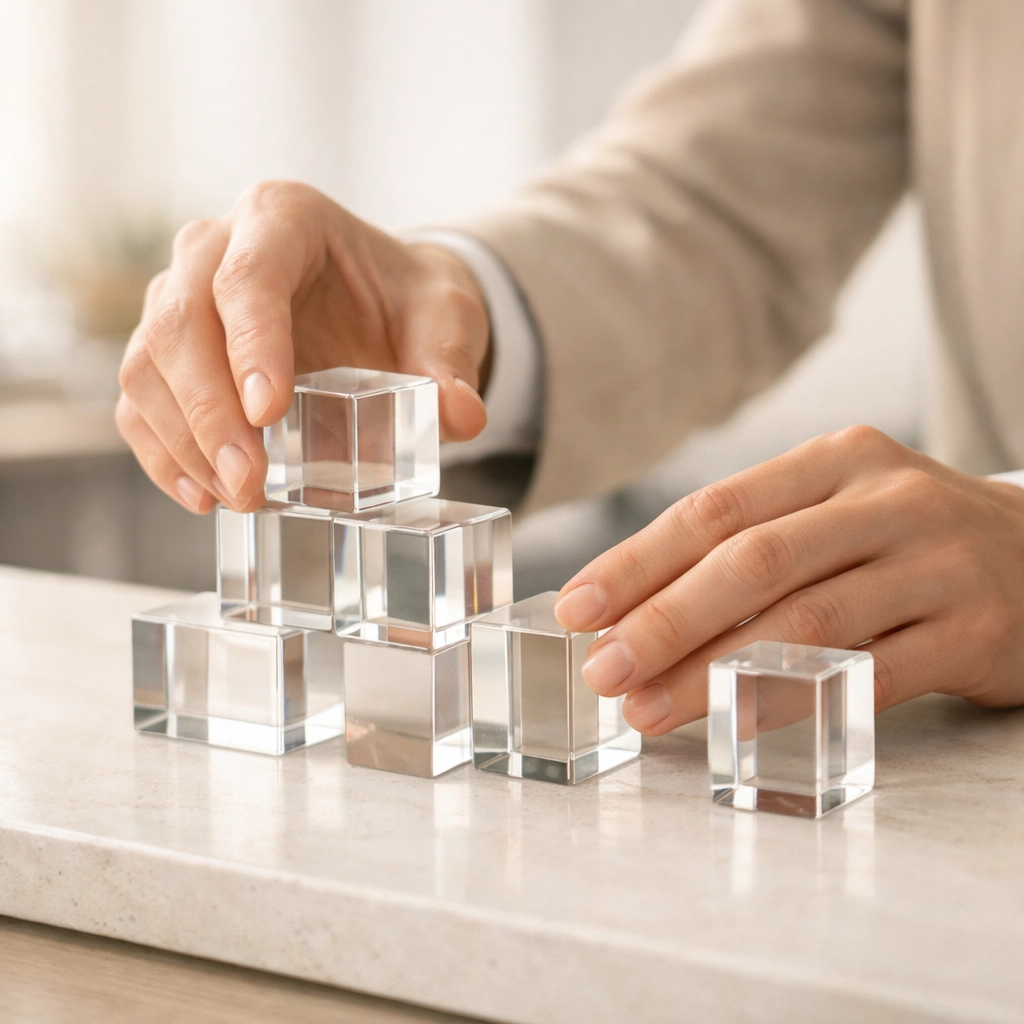 Hands organizing clear glass blocks to represent accurate bookkeeping, financial clarity, and structured QuickBooks cleanup work.