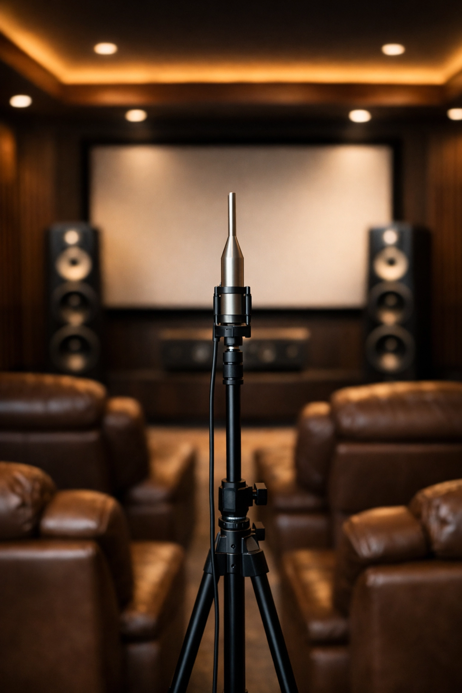 Professional audio calibration using a measurement microphone in a luxury high-end home cinema.