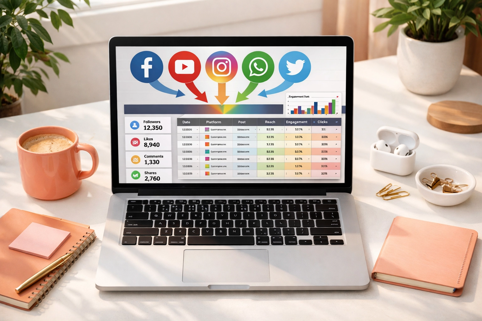 Laptop dashboard integrating social media management with back office spreadsheet data
