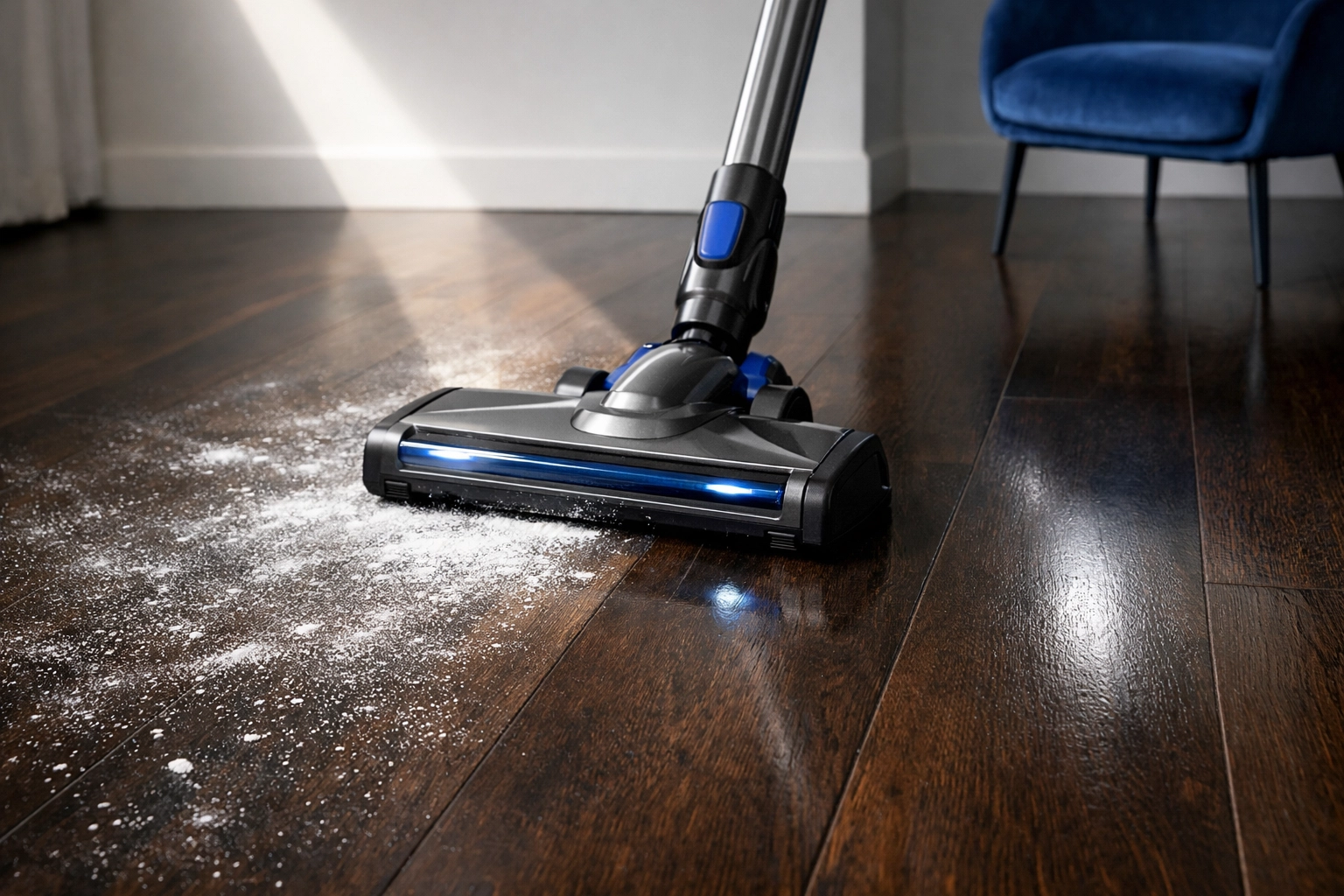 Professional vacuum cleaning construction dust from dark hardwood floors in a Massachusetts home.