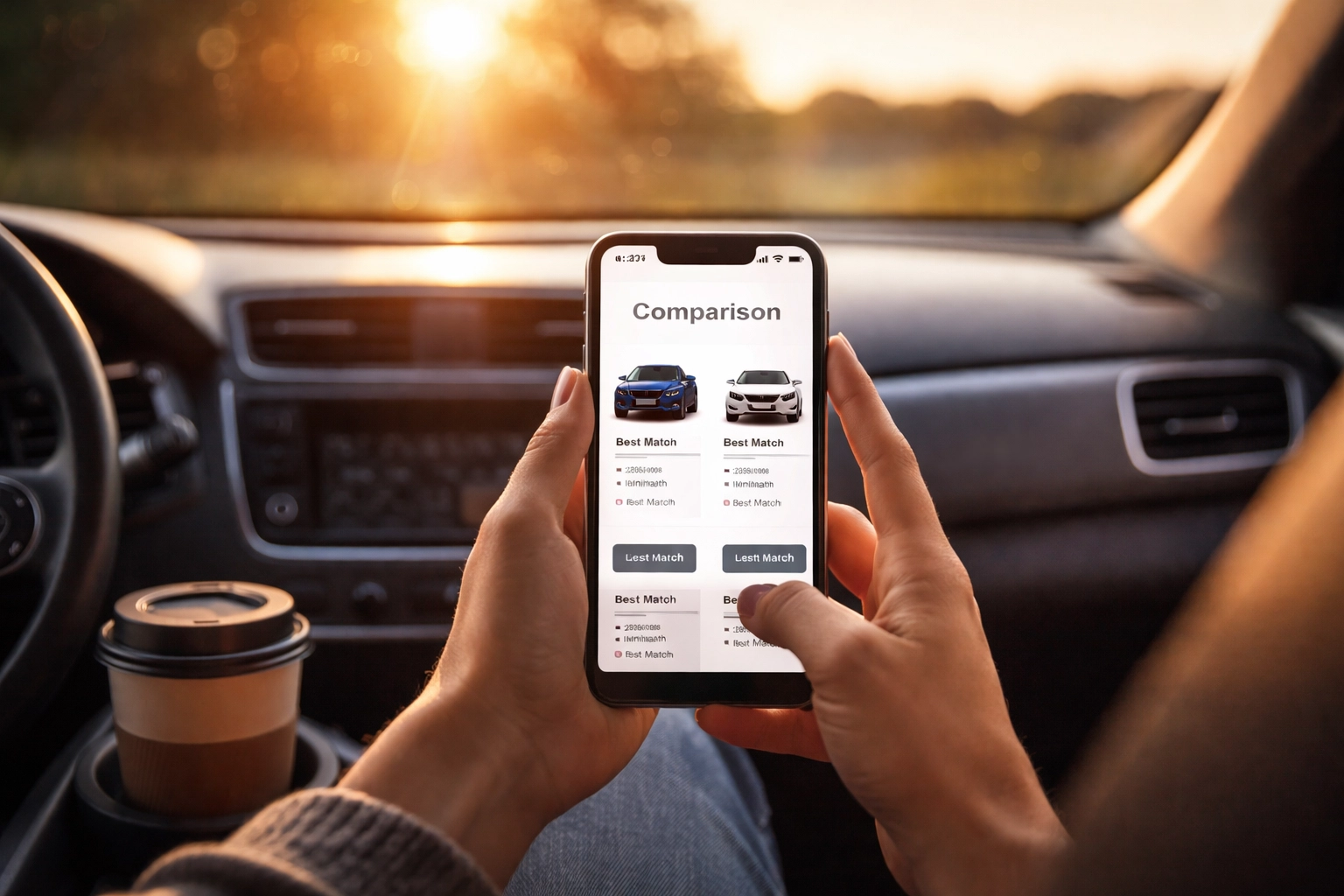 Person comparing vehicles on a car shopping app while sitting in their car at sunset