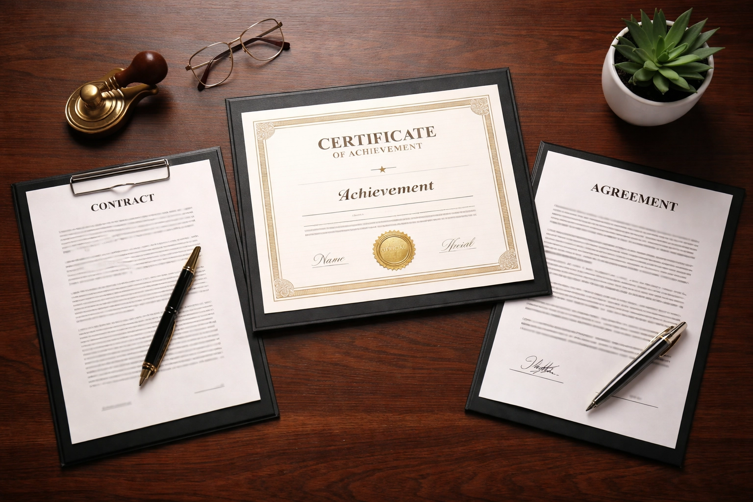 Official documents and certificates neatly arranged on a desk, representing trust and legal protections at Countryside General Stores LLC.