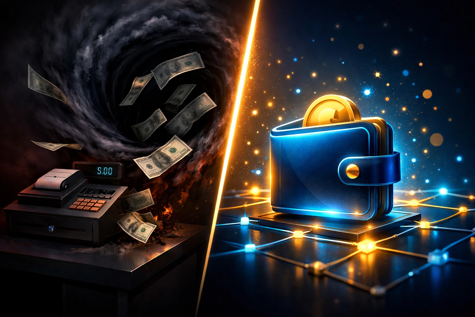 Traditional crypto payment fees versus Larecoin gas-only model showing 80% merchant cost savings