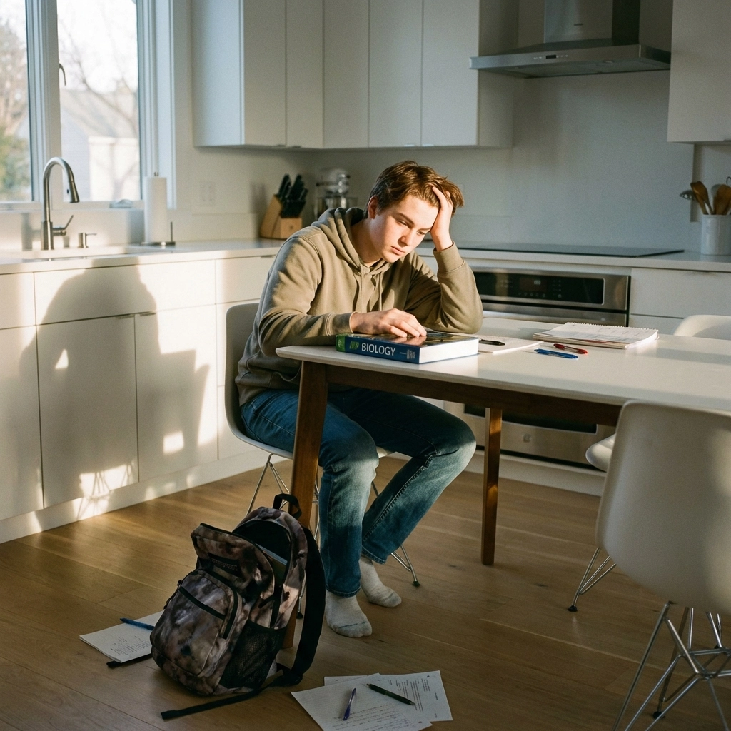 Tired teenager struggles to start homework at a kitchen table after school, illustrating task initiation challenges.