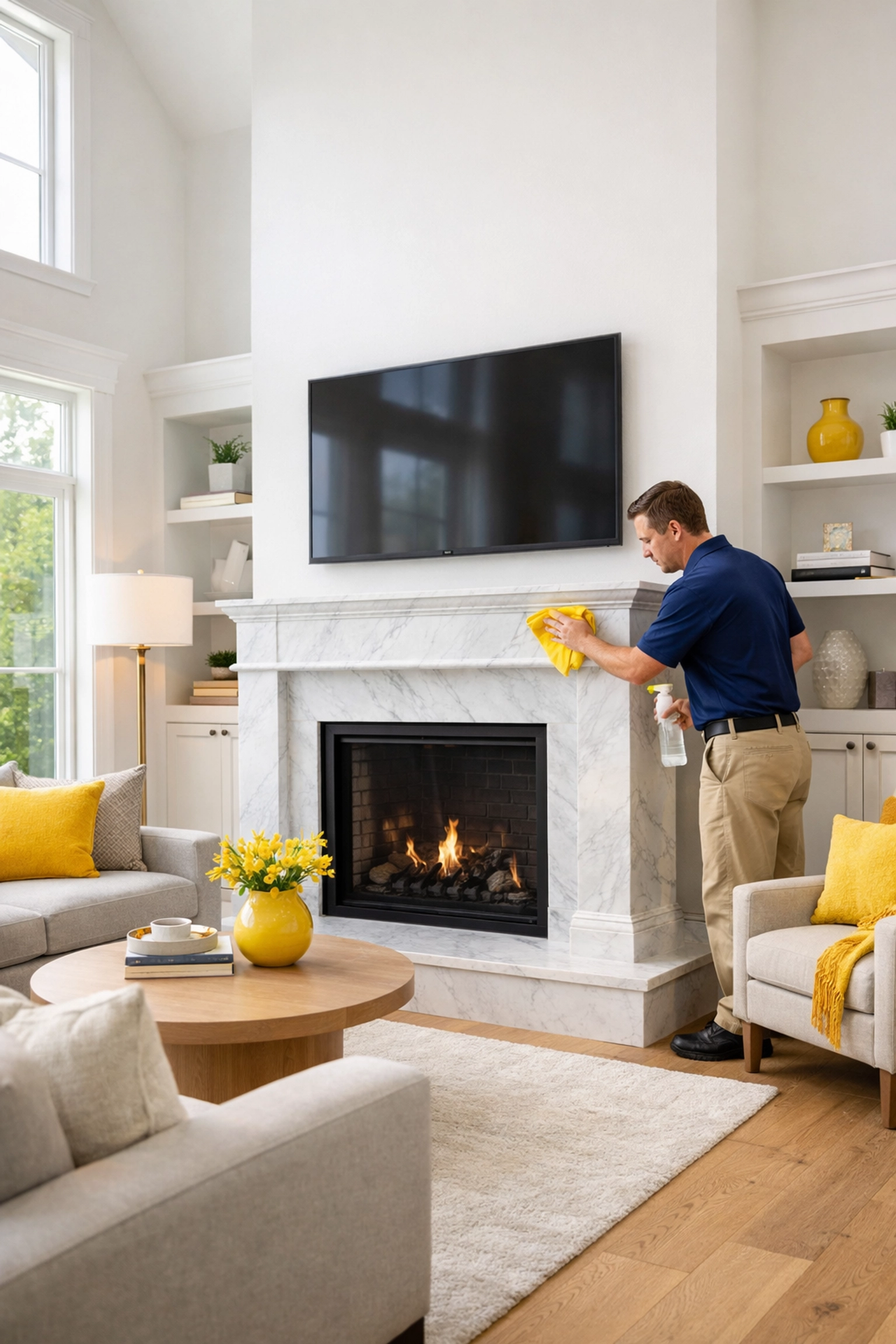 Professional cleaner performing post-construction cleaning Hudson on a fireplace after home renovation.
