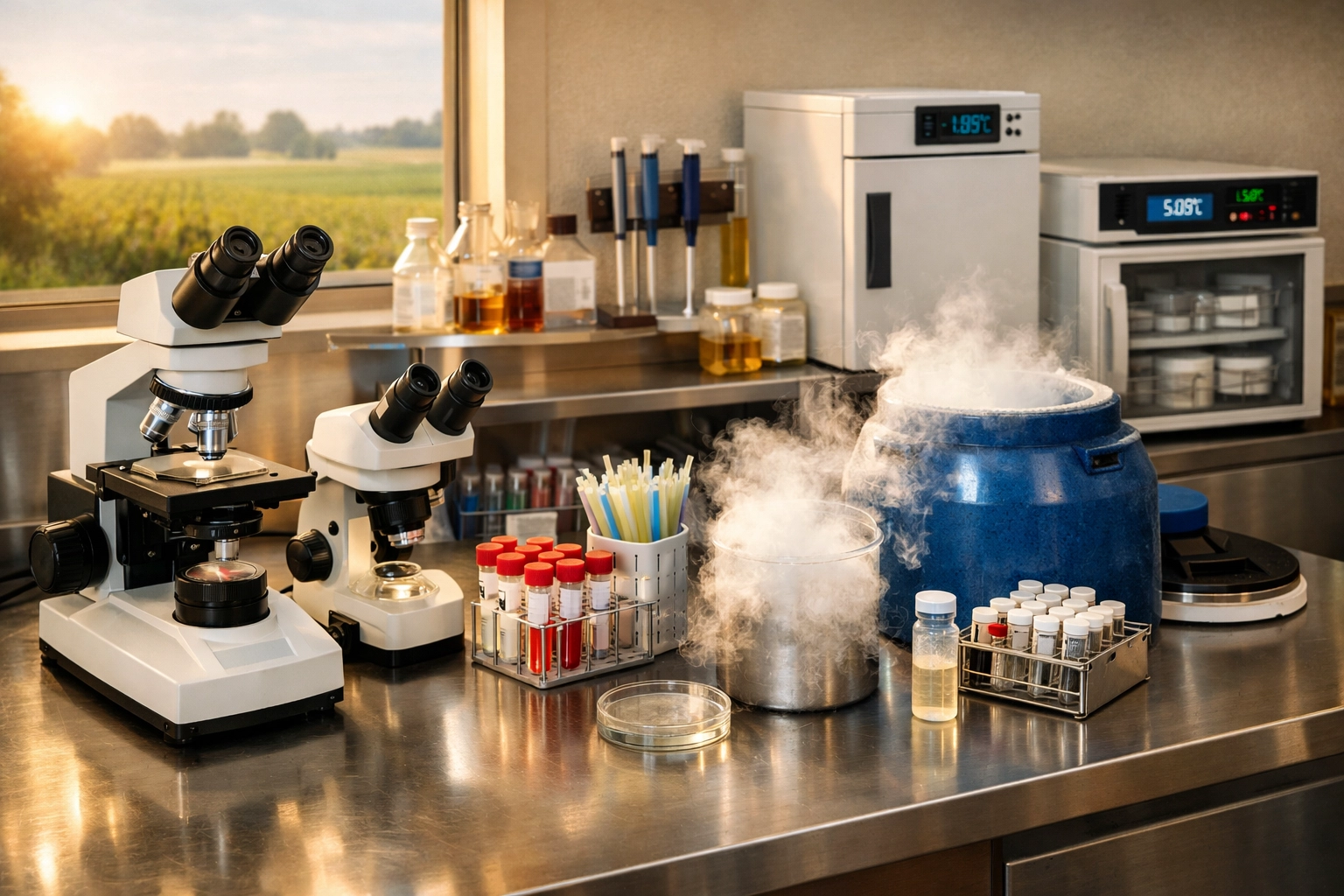 Modern livestock genetics laboratory with scientific equipment for embryo transfer and artificial insemination