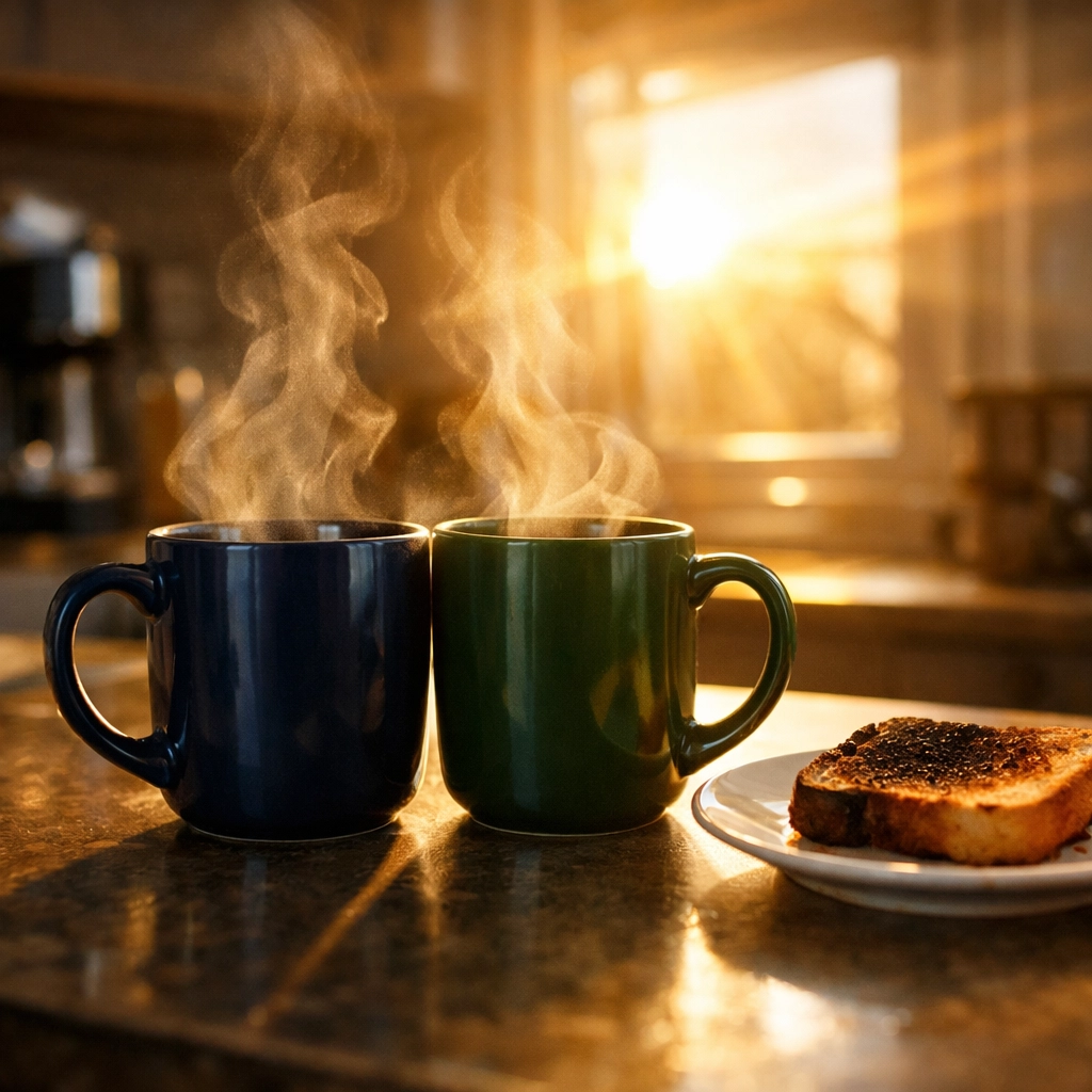 Two coffee mugs on kitchen counter symbolizing domestic gay couple morning routine in closeted relationship