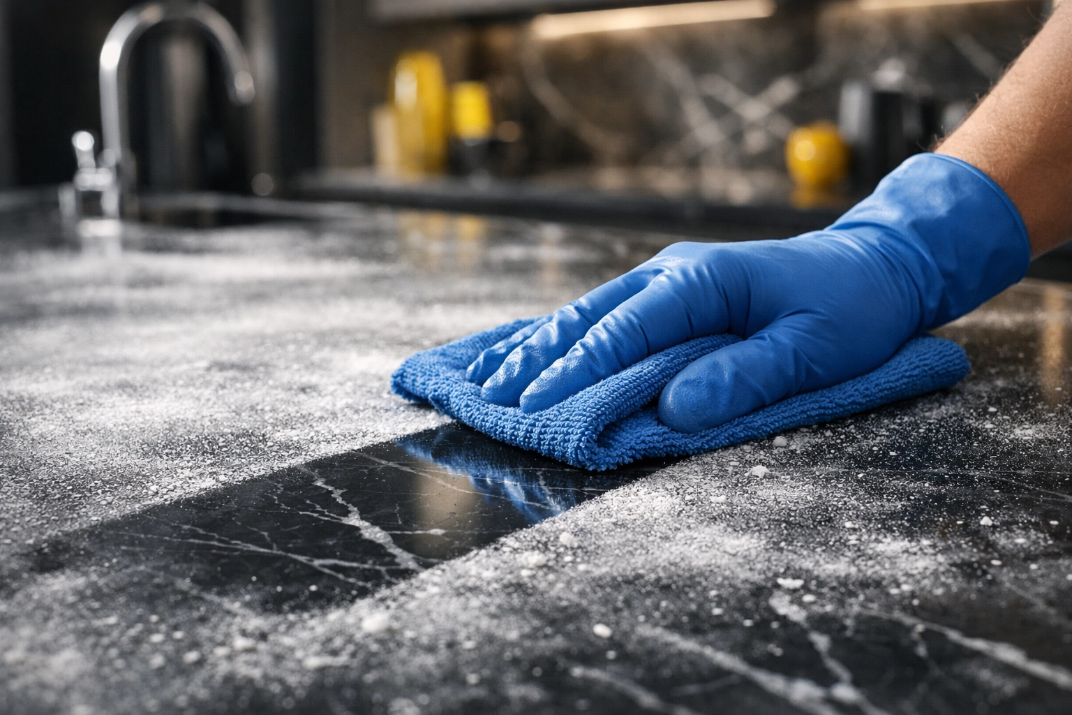 Cleaning fine drywall dust from a marble countertop using a professional microfiber cloth after renovation.