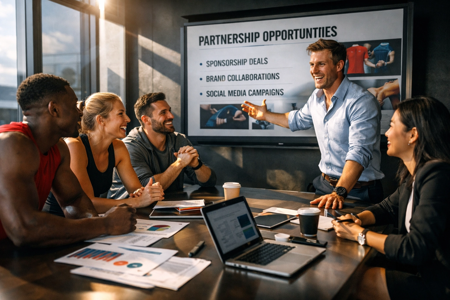 Athletes and business professionals collaborating on NIL strategy and brand partnerships