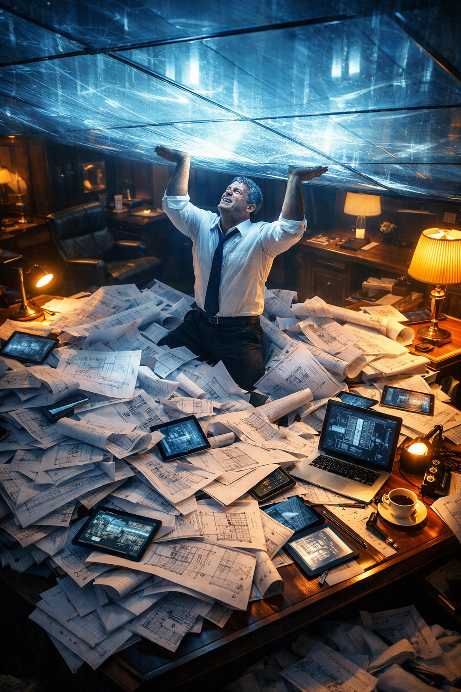 CEO overwhelmed by a mountain of work, illustrating leadership burnout and business bottlenecks.