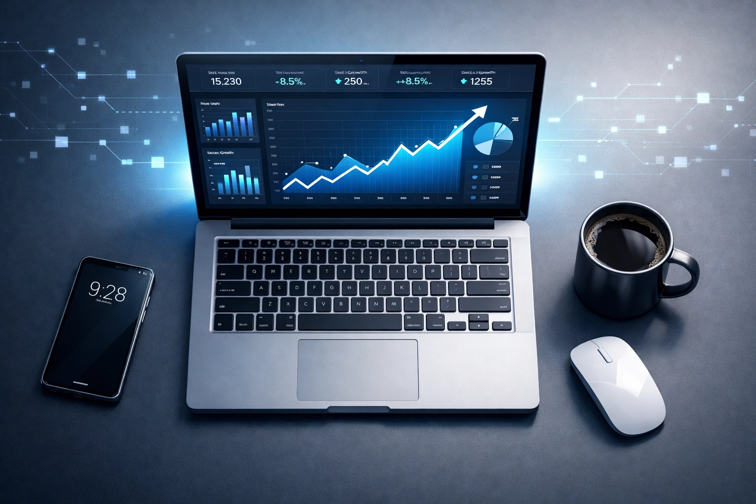Business laptop displaying IT dashboard analytics and cost tracking for managed services